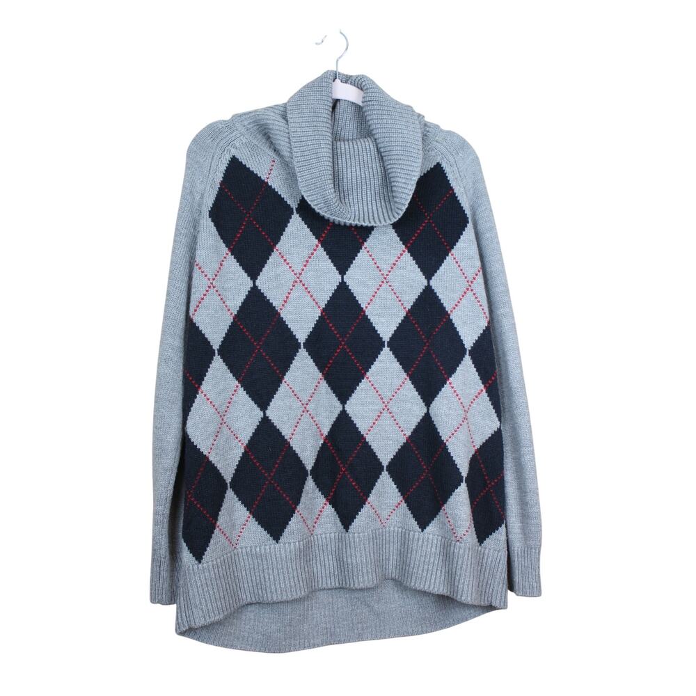 Tommy‎ Hilfiger Gray Black Red Argyle Cowl Neck Long Sleeve Knit Sweater Size XL